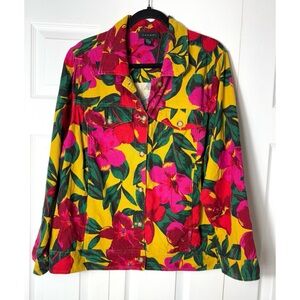 Tahari Linen Blend Tropical Floral Jacket Yellow Pink Green Button Front 1X